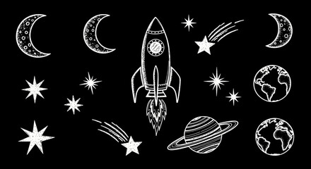 Chalk style illustration of a rocket ship launching into a starry night sky with planets and moons.