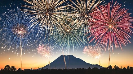 Dramatic fireworks bursting in arcs above mountain silhouette, glowing midnight celebration scene