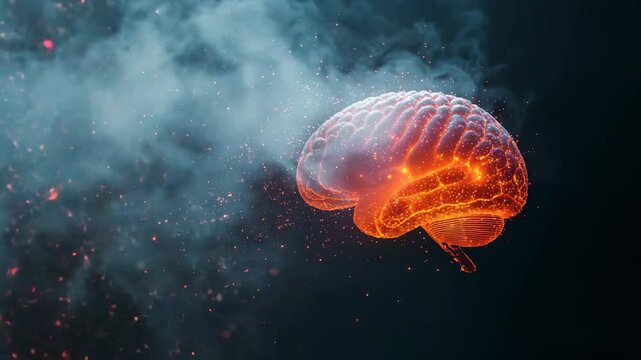 Opening 3D brain model rotating revealing glowing neural pathways, sparks drifting in misty space