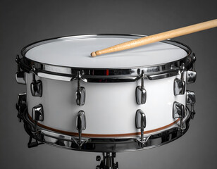 A close-up of a white snare drum with drumsticks, on a dark, gray background with dramatic lighting. A concept for music, rhythm, and performance. Generative AI