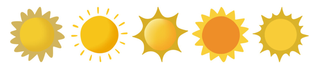 A set of five stylized yellow sun icons with varying designs.