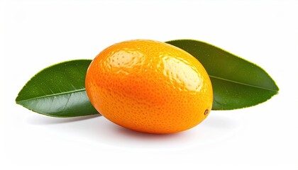 Close-up of a kumquat with leaves on white background