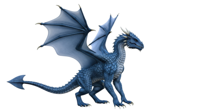 Isolated blue dragon standing, fictional creature with wings and scales in fantasy world
