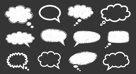 A collection of various thought bubble shapes drawn with a chalk-like effect on a dark background.