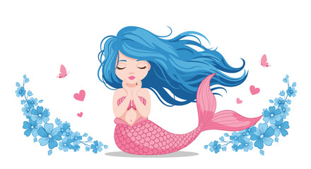 A beautiful little mermaid with flowing blue hair sits peacefully surrounded by blue flowers and pink hearts.