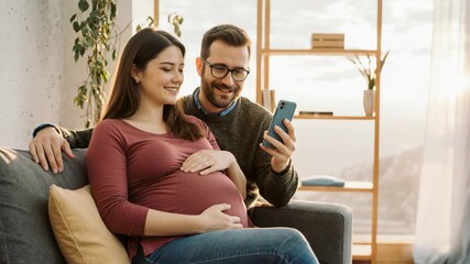 Expectant couple looking at smartphone on sofa in bright living room at home