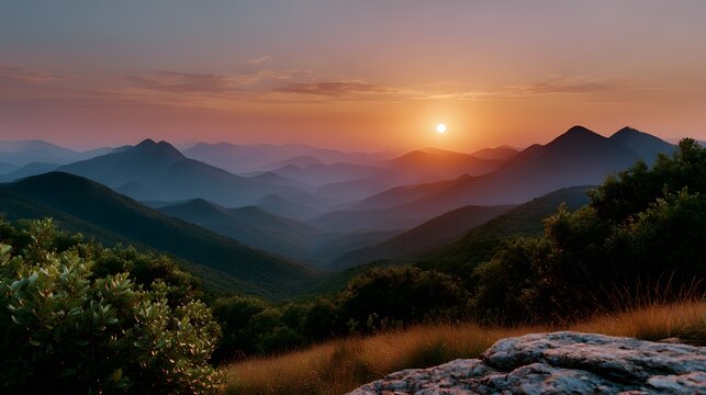 Breathtaking mountain landscape at sunset, with rolling hills and valleys covered in forest, symbolizing travel, nature, and tranquility