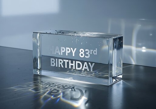 "Happy 83rd Birthday" Engraved in Clear Glass Block with Subtle Reflections and Light Effects