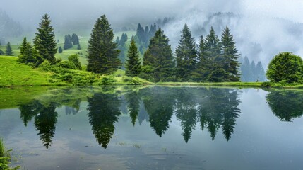 Serene Mountain Lake with Green Trees Misty Forest Background Nature Scene
