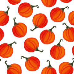 seamless pattern of watercolor pumpkins on white background, hand painted illustration elements