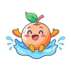 Happy peach fruit character splashing in water refreshing summer cartoon animation cute face