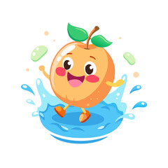 Happy peach fruit character splashing in water refreshing summer cartoon animation cute face