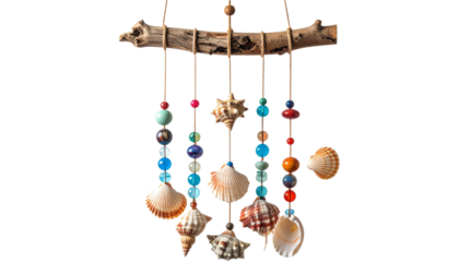 Coastal Wind Chime with Seashells, Driftwood & Beads isolated on white Background and Hanging on a Dry Tree Branch