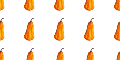 seamless pattern of watercolor pumpkins on white background, hand painted illustration elements