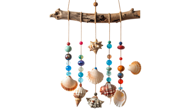 Coastal Wind Chime with Seashells, Driftwood & Beads isolated on white Background and Hanging on a Dry Tree Branch