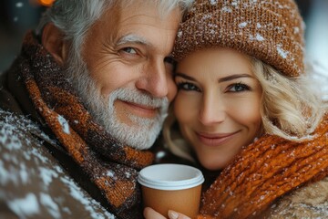 Senior couple walking in snow.