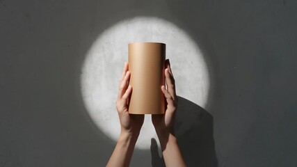 Extending arms grasping cardboard cylinder, lifting and rotating under studio light, revealing ring - Powered by Adobe