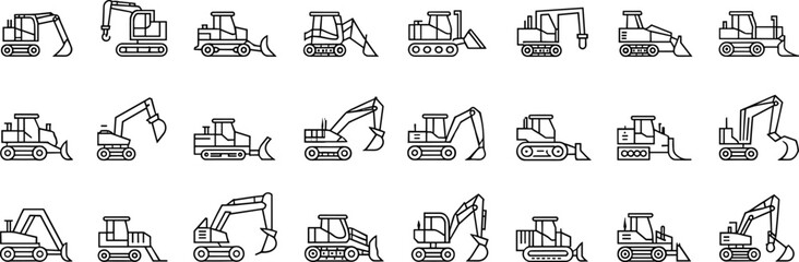 Fototapeta premium Construction vehicle icons, heavy machinery graphics, excavator symbols, bulldozer, loader, backhoe, vector line art, equipment, industrial, engineering