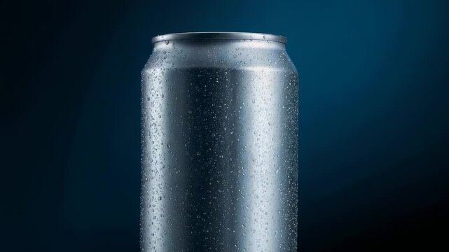 Camera shifting revealing chilled silver can against blue gradient backdrop, showing condensation