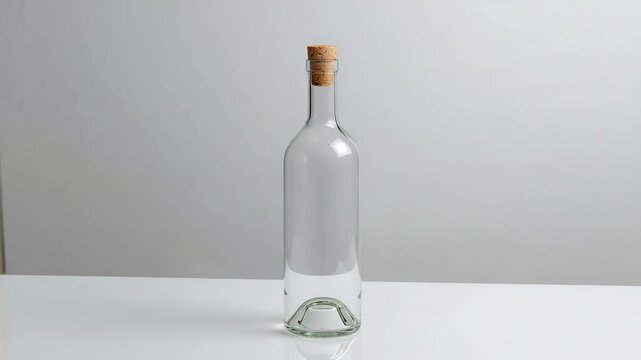 Videotaping glass bottle sealed with cork on white table in studio, showcasing minimal look