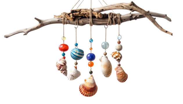 Coastal Wind Chime with Seashells, Driftwood & Beads isolated on white Background and Hanging on a Dry Tree Branch