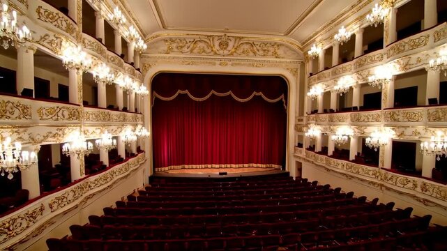 Ornate theater interior with rows of red seats and elaborate gold details