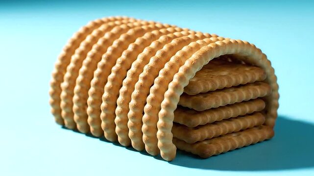 Stack of delicious crackers arranged in an arch shape on a blue surface.