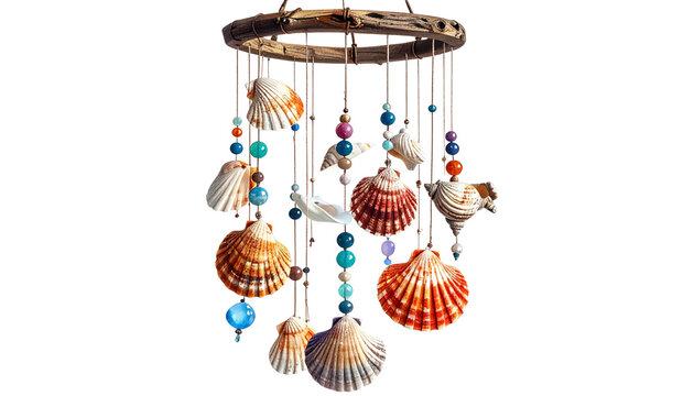 Coastal Wind Chime with Seashells, Driftwood & Beads isolated on white Background and Hanging on a Dry Tree Branch