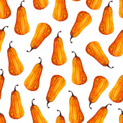 seamless pattern of watercolor pumpkins on white background, hand painted illustration elements
