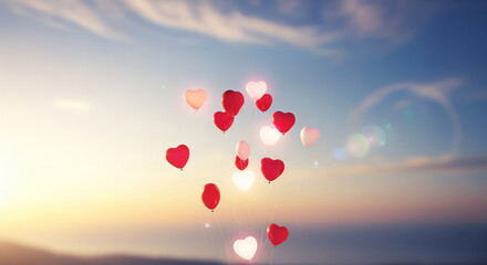 A group of red heart-shaped balloons floating up into the blue sky, symbolizing love, joy, and celebration. Perfect for Valentine’s or romantic themes.