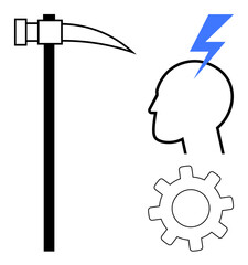 Pickaxe with sharp edge, human head with lightning bolt indicating an idea or electricity, and a gear symbolizing processes or mechanics. Ideal for innovation, creativity, problem-solving, work
