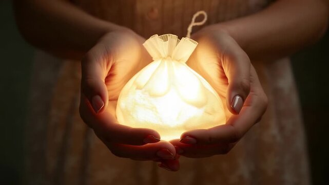 Tugging drawstring Hispanic woman in floral dress holding glowing pouch at home, glow intensifying