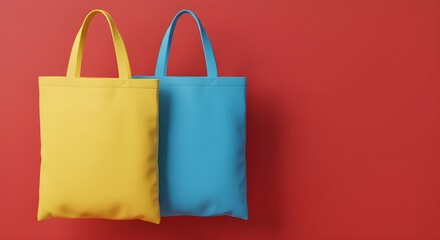 Yellow and blue reusable tote bags hanging on red wall minimal background