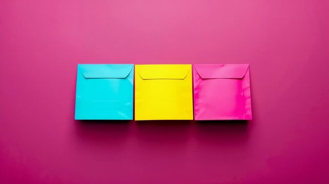 Opening overhead shot showing three square envelopes lying side by side on bright pink tabletop