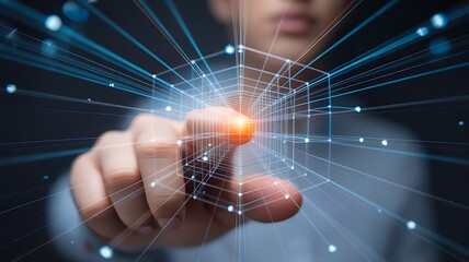 Person touching glowing digital network hand finger