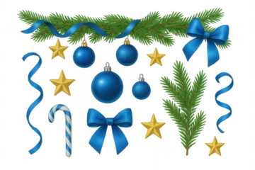 Christmas and new year celebration items including shiny blue baubles, evergreen tree branches, and curly ribbons