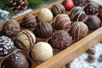Delicious chocolate truffles neatly arranged in a wooden tray.