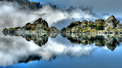 Serene Mountain Lake with Rocky Islands and Cloudy Sky Reflection