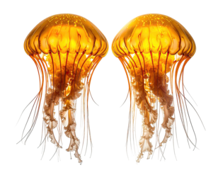 Two luminous orange jellyfish, delicate, translucent, against a black backdrop