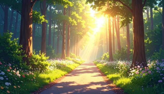 Sunny forest path, vibrant wildflowers, lush trees