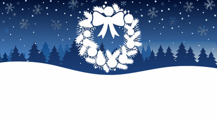 Winter wonderland scene with snow-covered landscape, Christmas wreath, falling snowflakes, and serene blue hues, perfect for holiday greetings