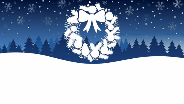 Winter wonderland scene with snow-covered landscape, Christmas wreath, falling snowflakes, and serene blue hues, perfect for holiday greetings