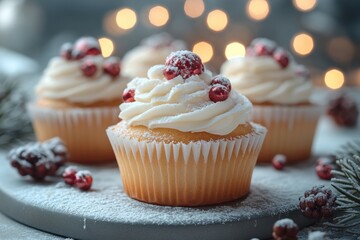 Cupcakes with cream frosting and cranberries sprinkled on top.