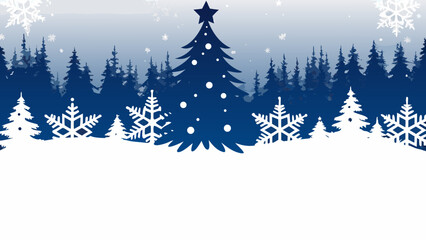 Festive deep blue winter forest scene with silhouetted evergreen trees, snowflakes, and a central decorated Christmas tree, perfect for holiday greetings and seasonal designs.