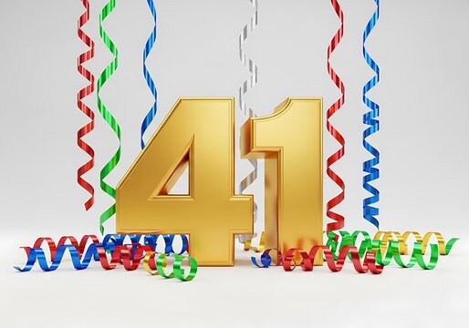 Golden 41st Number with Colorful Curling Ribbons on White Background