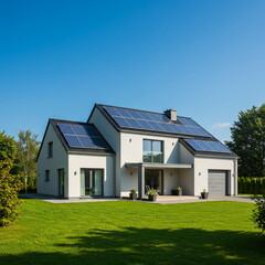 &ldquo;Solar panels on rooftop of modern eco-friendly house, clear blue sky, realistic clean energy concept, ultra-detailed, wide angle shot, stock photography style.&rdquo;