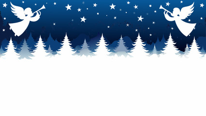 Angels heralding the night sky, a winter wonderland of stars and silhouetted evergreen trees creating a festive holiday scene