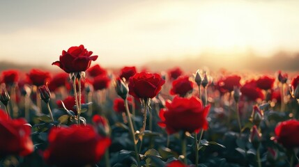Naklejka premium Field of vibrant red roses illuminated by soft golden sunlight Flower Nature