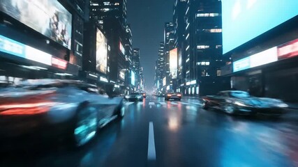 Experience the thrilling nocturnal journey through a futuristic urban cityscape, where sleek vehicles race under dazzling neon lights, creating a dynamic blur of motion - Powered by Adobe