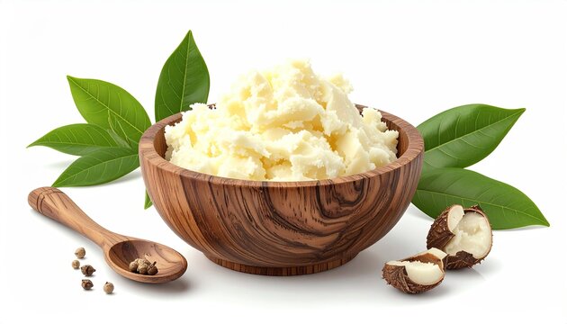 Creamy butter in wooden bowl, surrounded by leaves and nuts